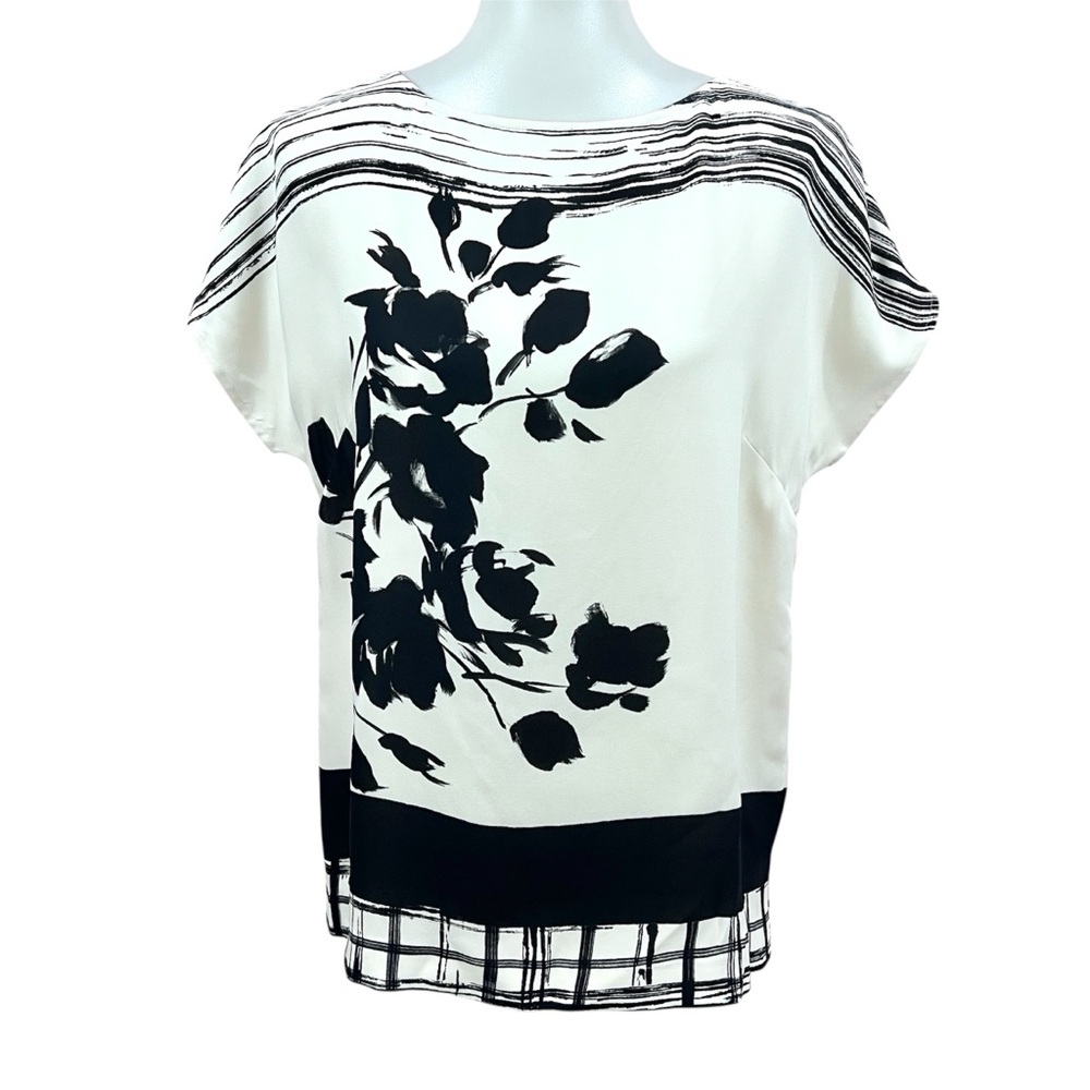 St. John Painted Japanese Ink Floral Boatneck Dolman Short Sleeve Silk Blouse